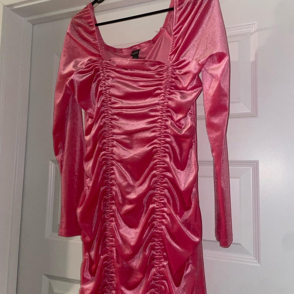 Pink Ruched Long Sleeve Dress
